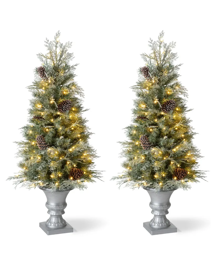 Glitzhome 4' Pre-Lit Pine Artificial Christmas Porch Tree with 130 Warm White Lights, Set of 2