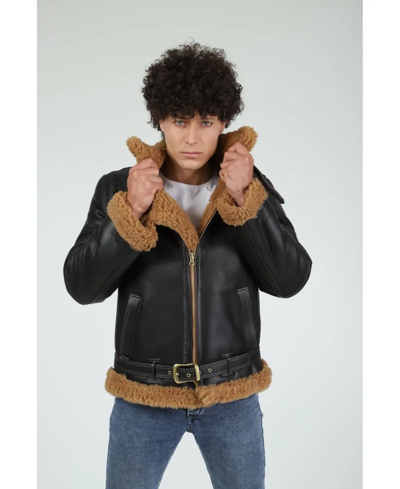 Men's Shearling Flying Jacket, Silky Brown with Ginger Curly Wool