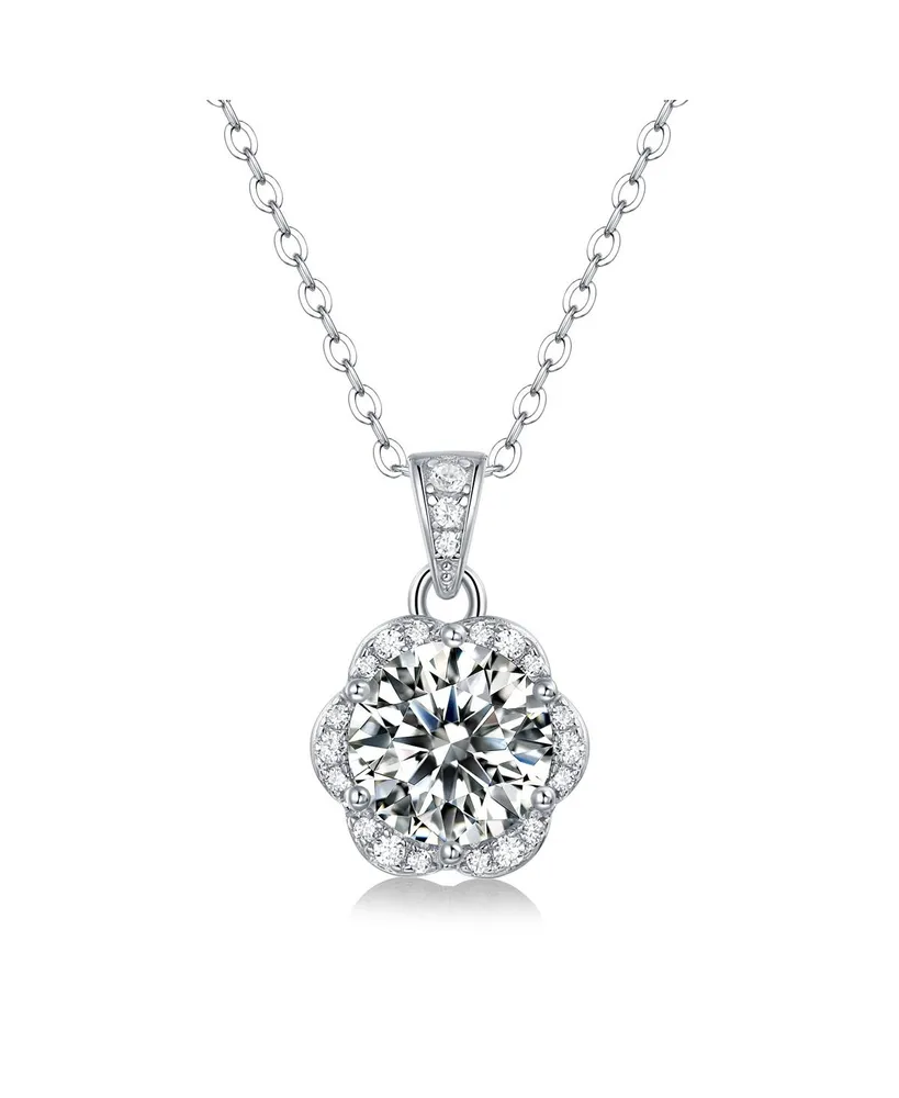 Sterling Silver White Gold Plated with 2ctw Lab Created Moissanite Cluster Lace Halo Flower Pendant Necklace