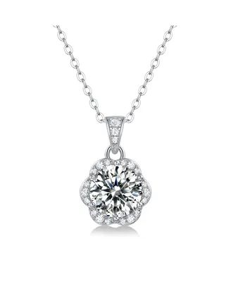 Sterling Silver White Gold Plated with 2ctw Lab Created Moissanite Cluster Lace Halo Flower Pendant Necklace