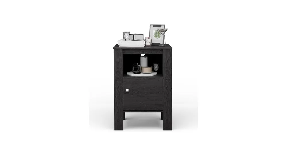 Compact Floor Farmhouse Nightstand with Open Shelf and Cabinet