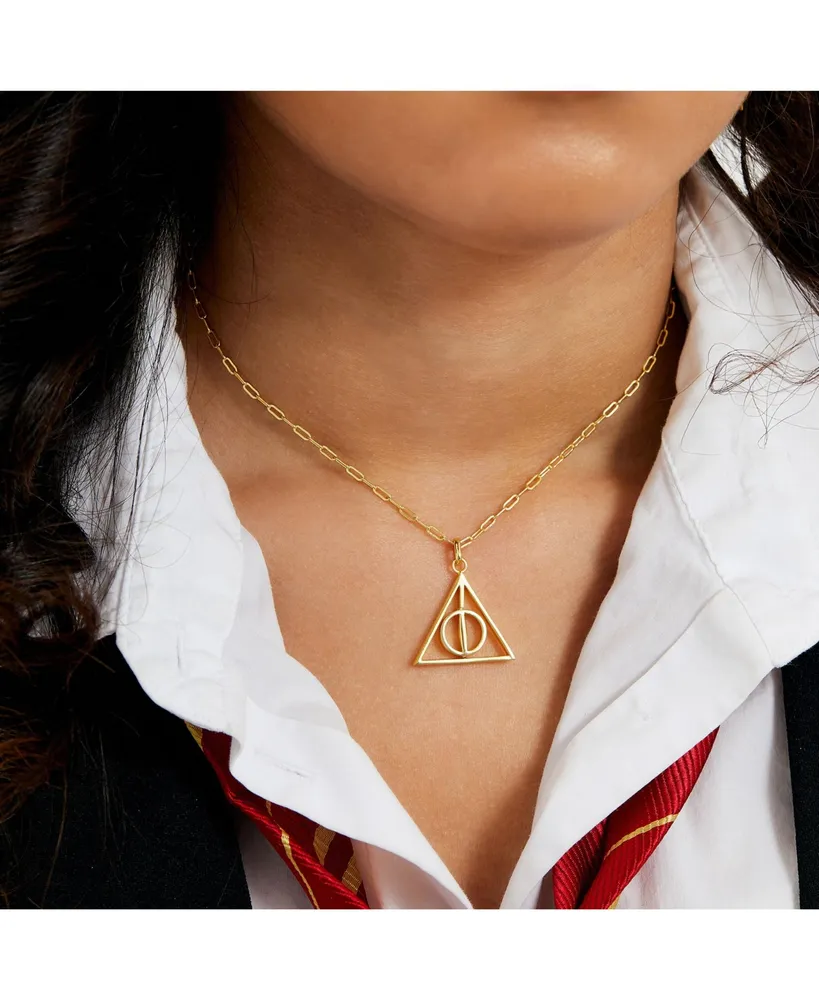 Harry Potter Womens Deathly Hallows 18KT Gold Plated Paperclip Chain Necklace with Spinning Deathly Hallows Pendant, 18"