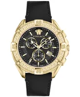 Versace Men's Swiss Chronograph V-Greca Black Leather Strap Watch 46mm