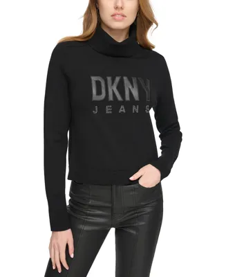 Dkny Jeans Women's Faux-Leather-Logo Turtleneck Sweater