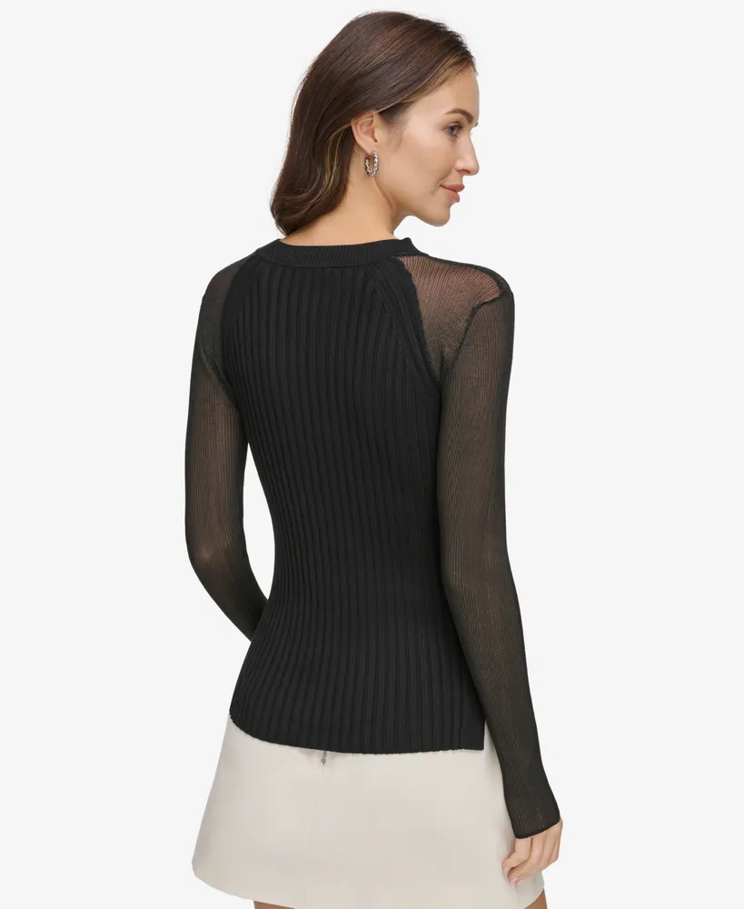 Dkny Women's Solid Sheer-Sleeve Round-Neck Ribbed Sweater