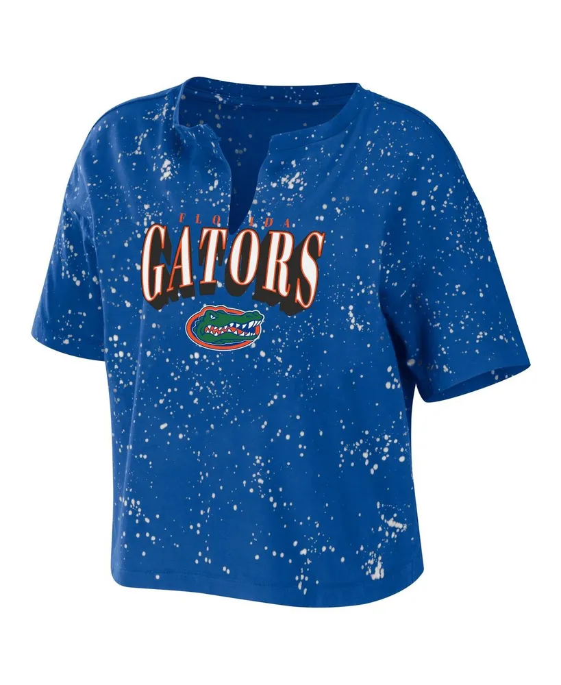 Women's Wear by Erin Andrews Royal Florida Gators Bleach Wash Splatter Cropped Notch Neck T-shirt