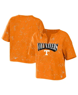 Women's Wear by Erin Andrews Tennessee Orange Volunteers Bleach Wash Splatter Cropped Notch Neck T-shirt