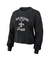 Women's Wear by Erin Andrews Black Distressed New Orleans Saints Waffle Knit Long Sleeve T-shirt and Shorts Lounge Set