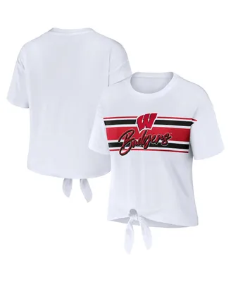 Women's Wear by Erin Andrews White Wisconsin Badgers Striped Front Knot Cropped T-shirt