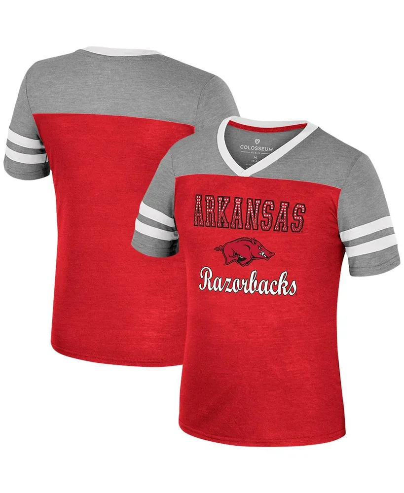 Big Girls Colosseum Cardinal, Heather Gray Arkansas Razorbacks Summer Striped V-Neck T-shirt