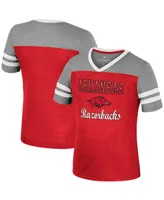 Big Girls Colosseum Cardinal, Heather Gray Arkansas Razorbacks Summer Striped V-Neck T-shirt