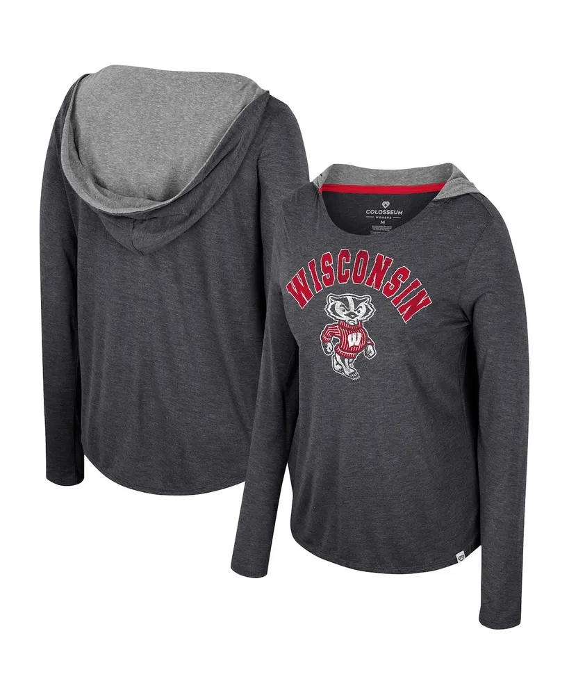 Women's Colosseum Black Wisconsin Badgers Distressed Heather Long Sleeve Hoodie T-shirt