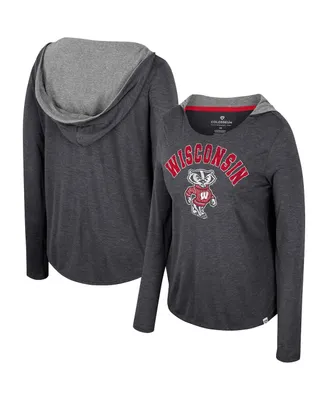 Women's Colosseum Black Wisconsin Badgers Distressed Heather Long Sleeve Hoodie T-shirt