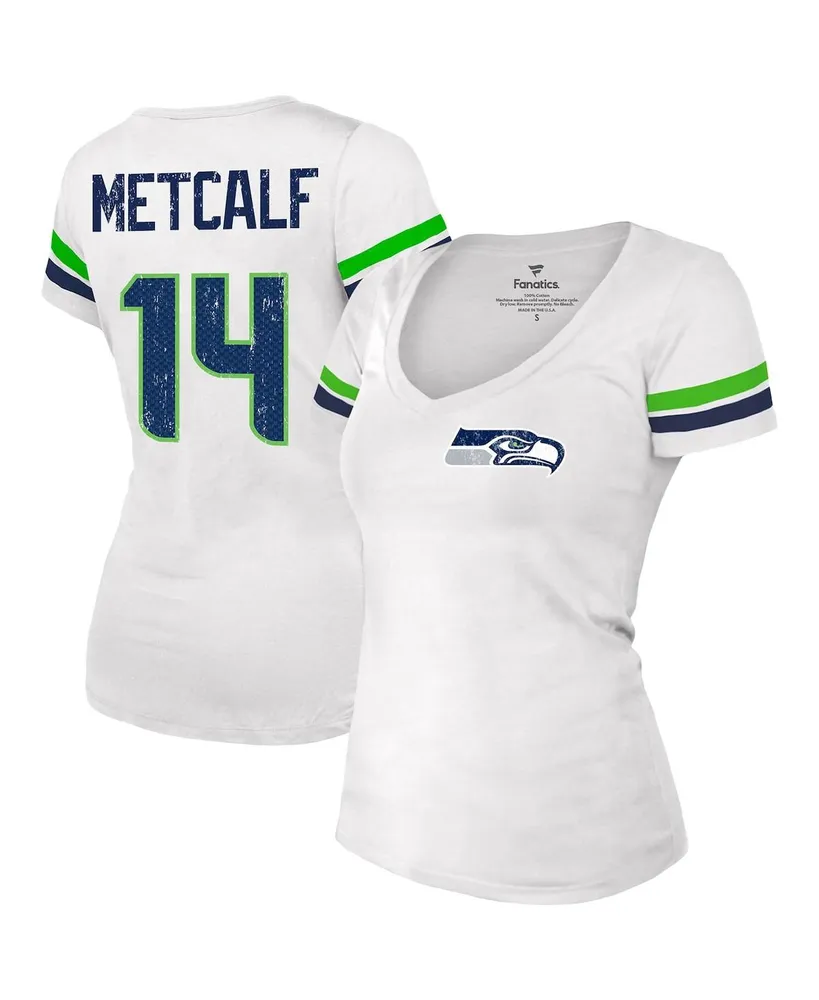 Women's Fanatics Dk Metcalf White Distressed Seattle Seahawks Fashion Player Name and Number V-Neck T-shirt