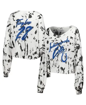 Women's Majestic Threads Jonathan Taylor White Distressed Indianapolis Colts Off-Shoulder Tie-Dye Name and Number Cropped Long Sleeve V-Neck T-shirt