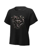 Women's Majestic Threads Justin Fields Black Chicago Bears Leopard Player Name and Number T-shirt