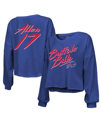 Women's Majestic Threads Josh Allen Royal Distressed Buffalo Bills Name and Number Off-Shoulder Script Cropped Long Sleeve V-Neck T-shirt
