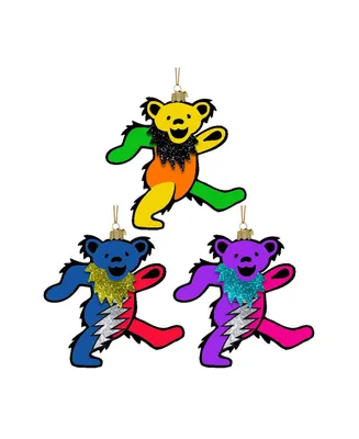 Kurt Adler 4.25" Noble Gems Glass Grateful Dead Bear 3 Piece Ornament Set