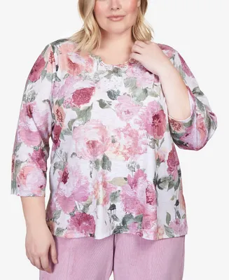 Alfred Dunner Plus Size Swiss Chalet Textured Floral Lace Neck Basic Top