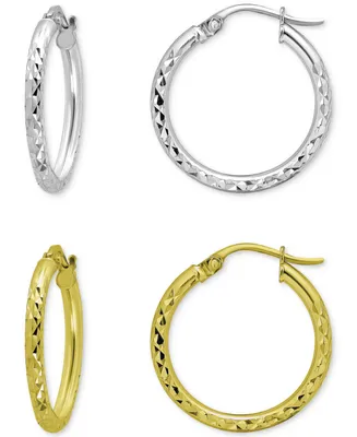 2-Pc. Set Textured Small Hoop Earrings in Sterling Silver & 18k Gold