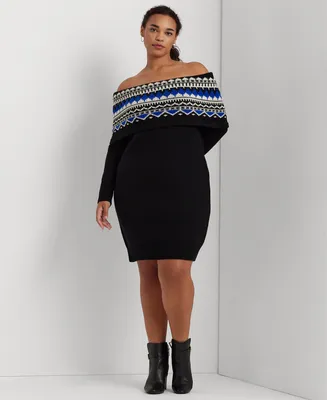 Lauren Ralph Plus Off-The-Shoulder Fair Isle Sweater Dress