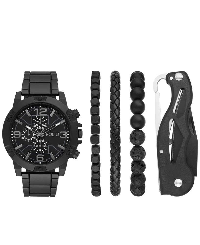 Folio Men's Quartz Three Hand Black Alloy Watch 50mm, Gift Set