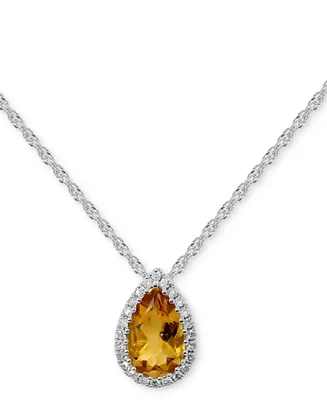 Citrine (5/8 ct. tw.) & Diamond (1/10 ct. t.w.) Halo Pendant Necklace in 14k White Gold, 16" + 2" extender