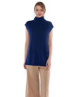 Jennie Liu Women's 100% Pure Cashmere Sleeveless Turtleneck Hi-Lo Tunic Sweater