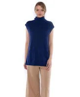 Jennie Liu Women's 100% Pure Cashmere Sleeveless Turtleneck Hi-Lo Tunic Sweater