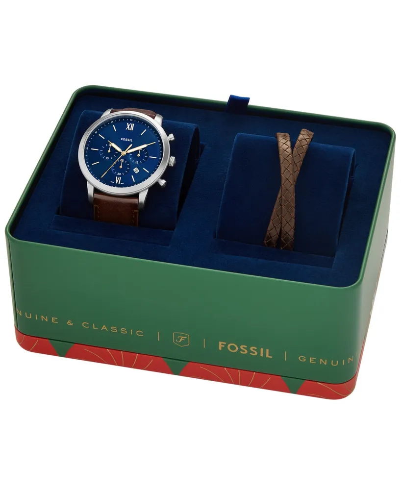 Fossil Men's Neutra Chronograph Brown Leather Watch 44mm and Bracelet Box Gift Set