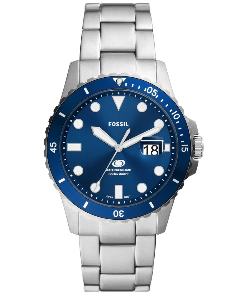 Fossil Men's Blue Dive Three-Hand Date Silver-Tone Stainless Steel Watch 42mm