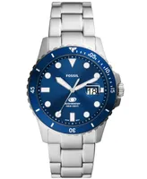 Fossil Men's Blue Dive Three-Hand Date Silver-Tone Stainless Steel Watch 42mm