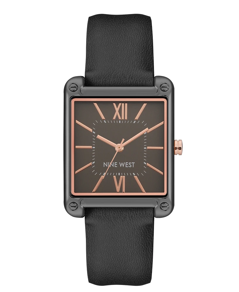 Nine West Women's Quartz Square Black Faux Leather Band Watch, 29mm - Dark Gray, Rose Gold