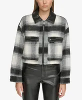 Dkny Jeans Women's Faux-Leather-Trim Cropped Plaid Jacket