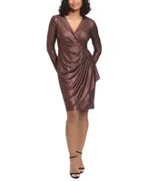 London Times Women's Metallic Ruffled Wrap Dress