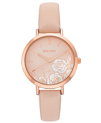 Nine West Women's Quartz Pink Faux Leather Band and Floral Pattern Watch, 36.5mm