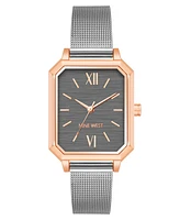 Nine West Women's Quartz Rectangular Silver-Tone Stainless Steel Mesh Band Watch, 28mm - Gray, Silver-Tone, Rose Gold