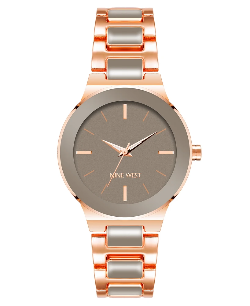 Nine West Women's Quartz Gray Enamel and Rose Gold-Tone Alloy Link Bracelet Watch, 34mm - Gray, Rose Gold