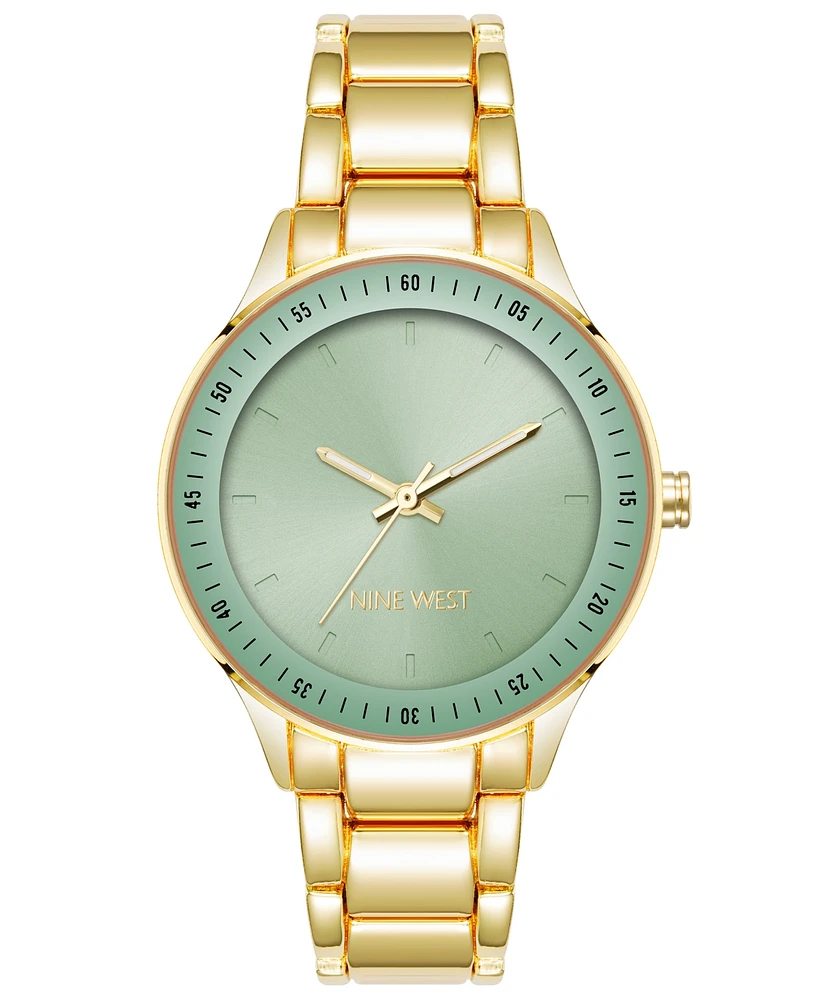 Nine West Women's Quartz Gold-Tone Alloy Link Bracelet with Green Watch, 35mm - Green, Gold