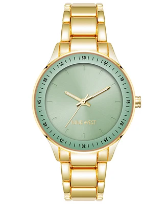 Nine West Women's Quartz Gold-Tone Alloy Link Bracelet with Green Watch, 35mm - Green, Gold