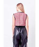 Women's Tweed Vest with Faux Leather Trim