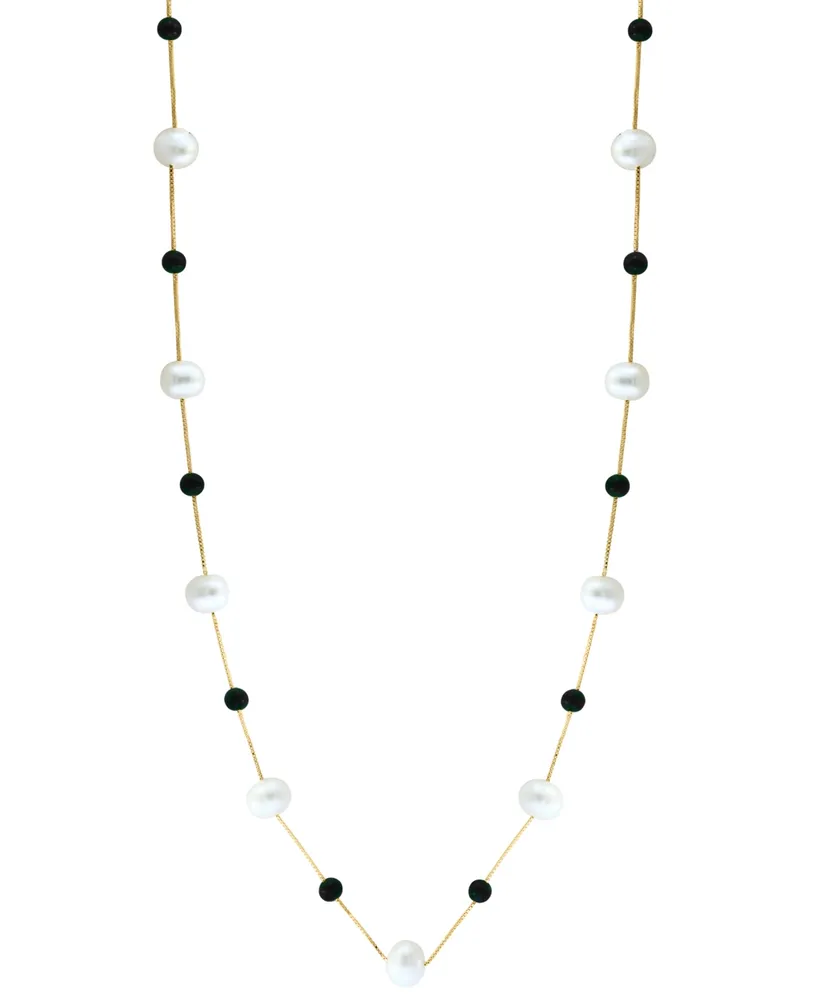 Effy Freshwater Pearl (6-1/2mm), and Onyx 18" Collar Necklace in 14k Gold