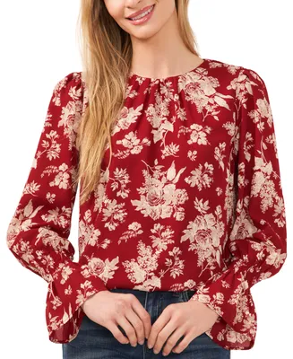 CeCe Women's Floral Print Crew Neck Long Sleeve Smocked Cuff Blouse
