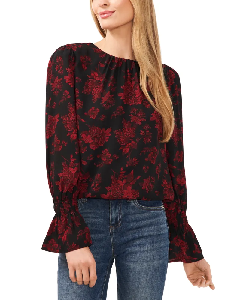 CeCe Women's Floral Print Crew Neck Long Sleeve Smocked Cuff Blouse