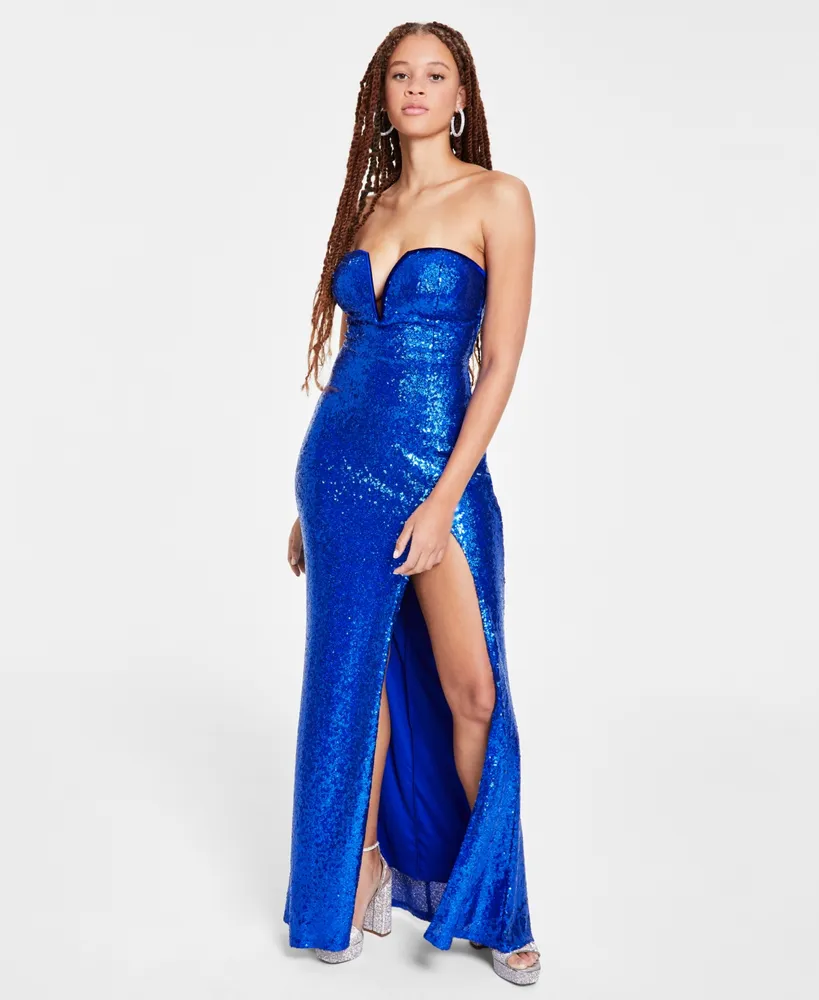 Juniors' Ruched Mesh-Contrast Gown