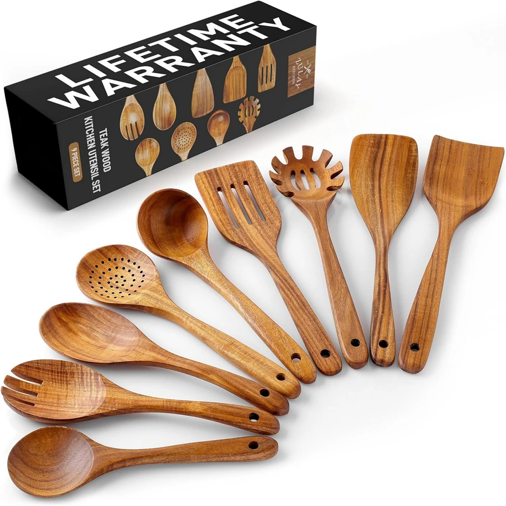 9-Piece Natural Teak Wooden Utensils for Cooking