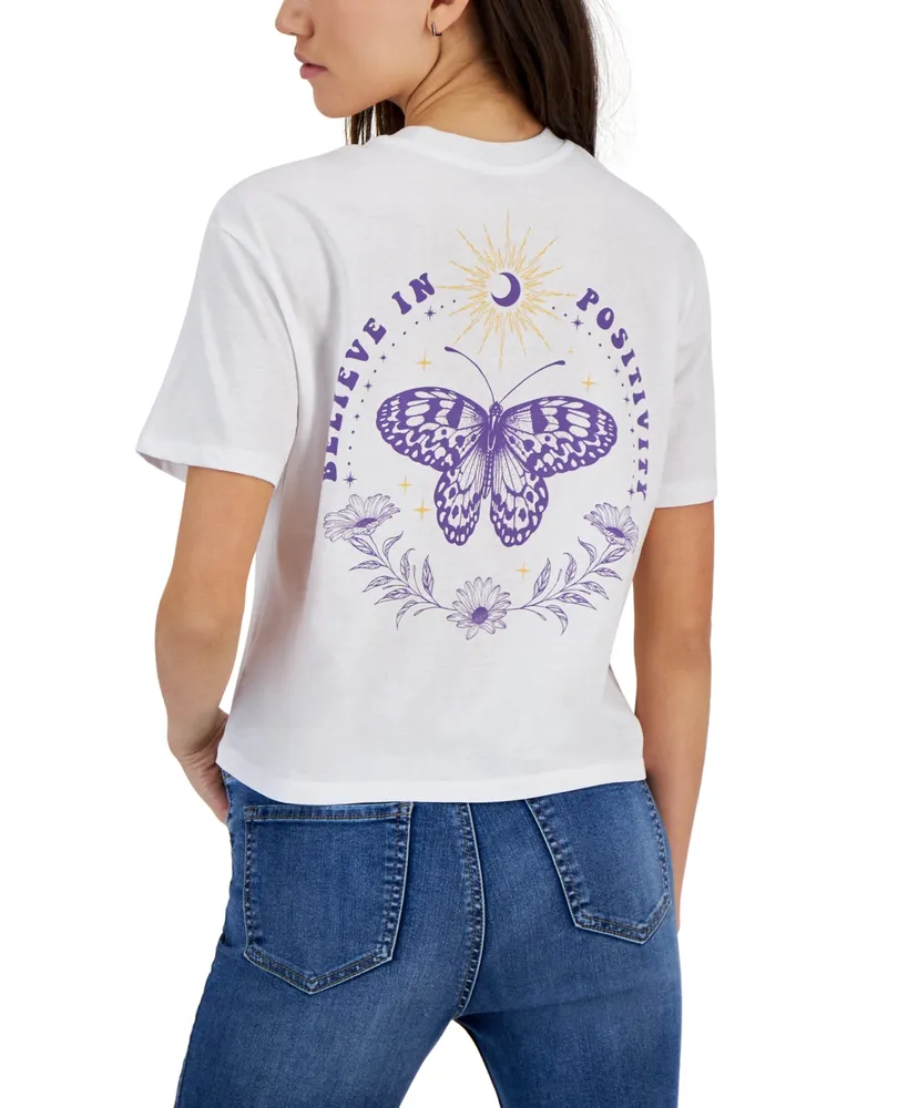 Rebellious One Juniors' Butterfly Front-And-Back-Graphic Cropped T-Shirt