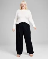 Now This Trendy Plus Size Button Shoulder Long Sleeve Top Easy Trousers