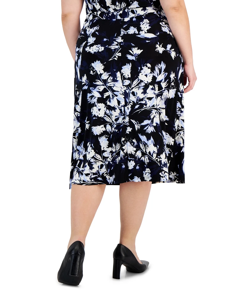 Kasper Plus Floral-Print Pull-On Flared Midi Skirt