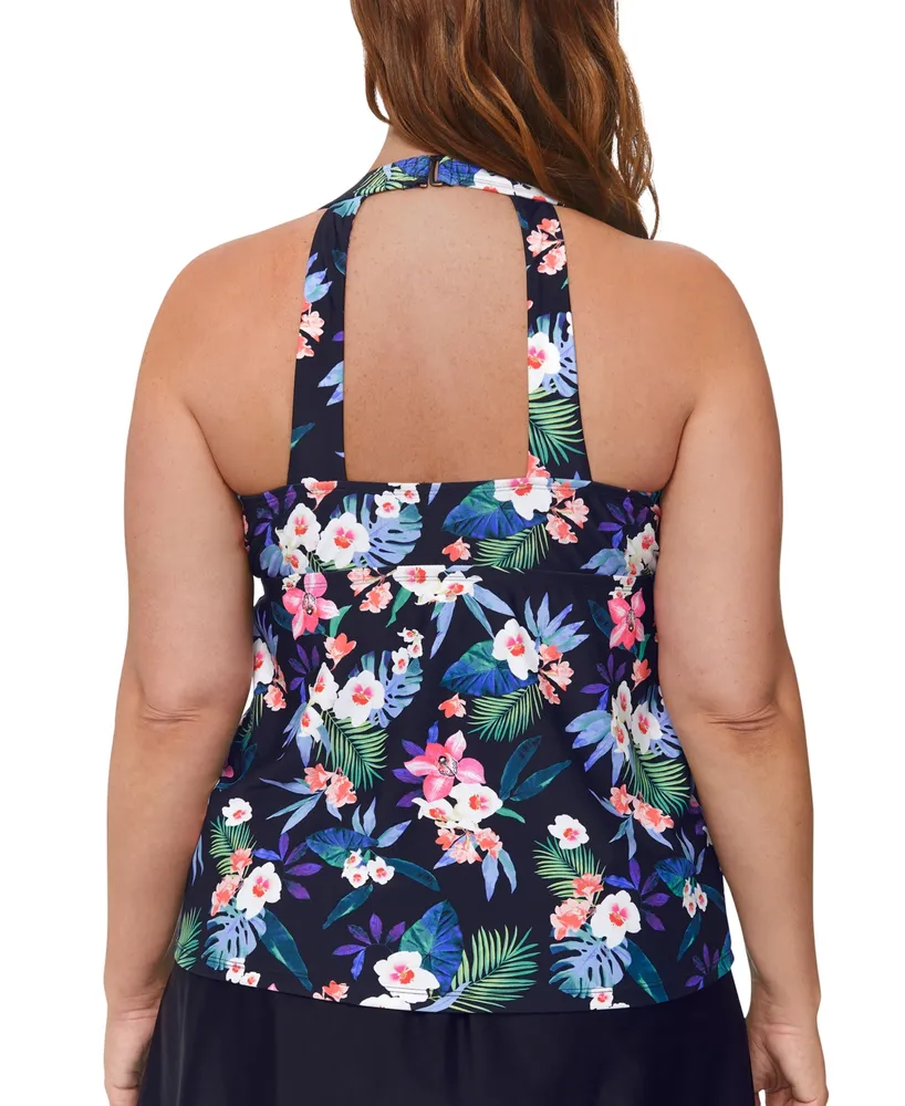 Island Escape Plus Floral-Print H-Back Tankini Top, Created for Macy's